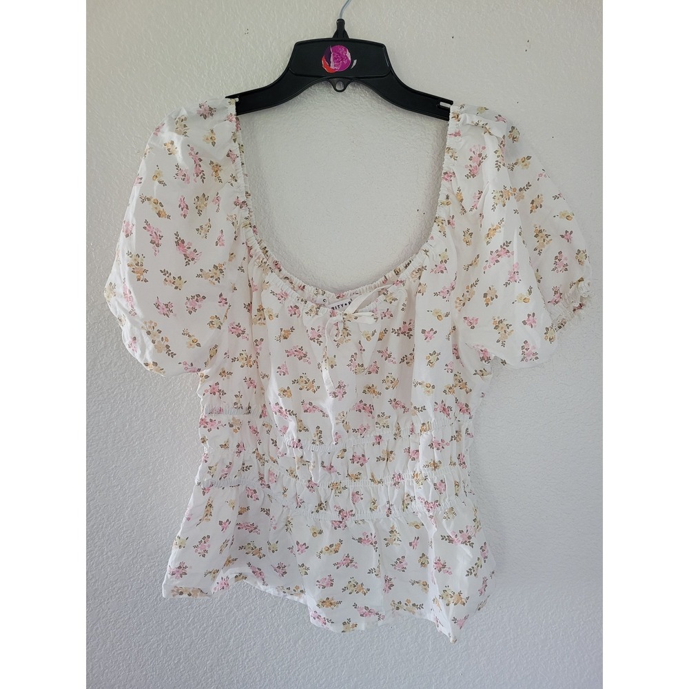 Celebrity Pink Floral Puff Sleeve Smocked Peplum Blouse Cottage Grove #20